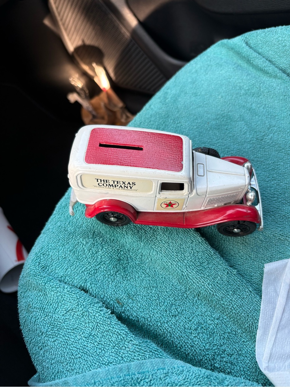 The Texas Company" Texaco branding. Coin bank